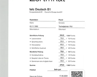 Zertifikat telc Deutsch B1